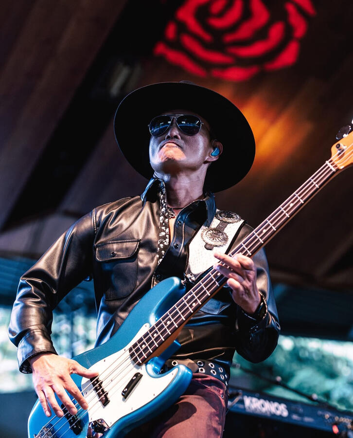 OrrickBass performing live with Those Crazy Nights at Gerald Ford Amphitheater, playing Fender Jazz bass.
